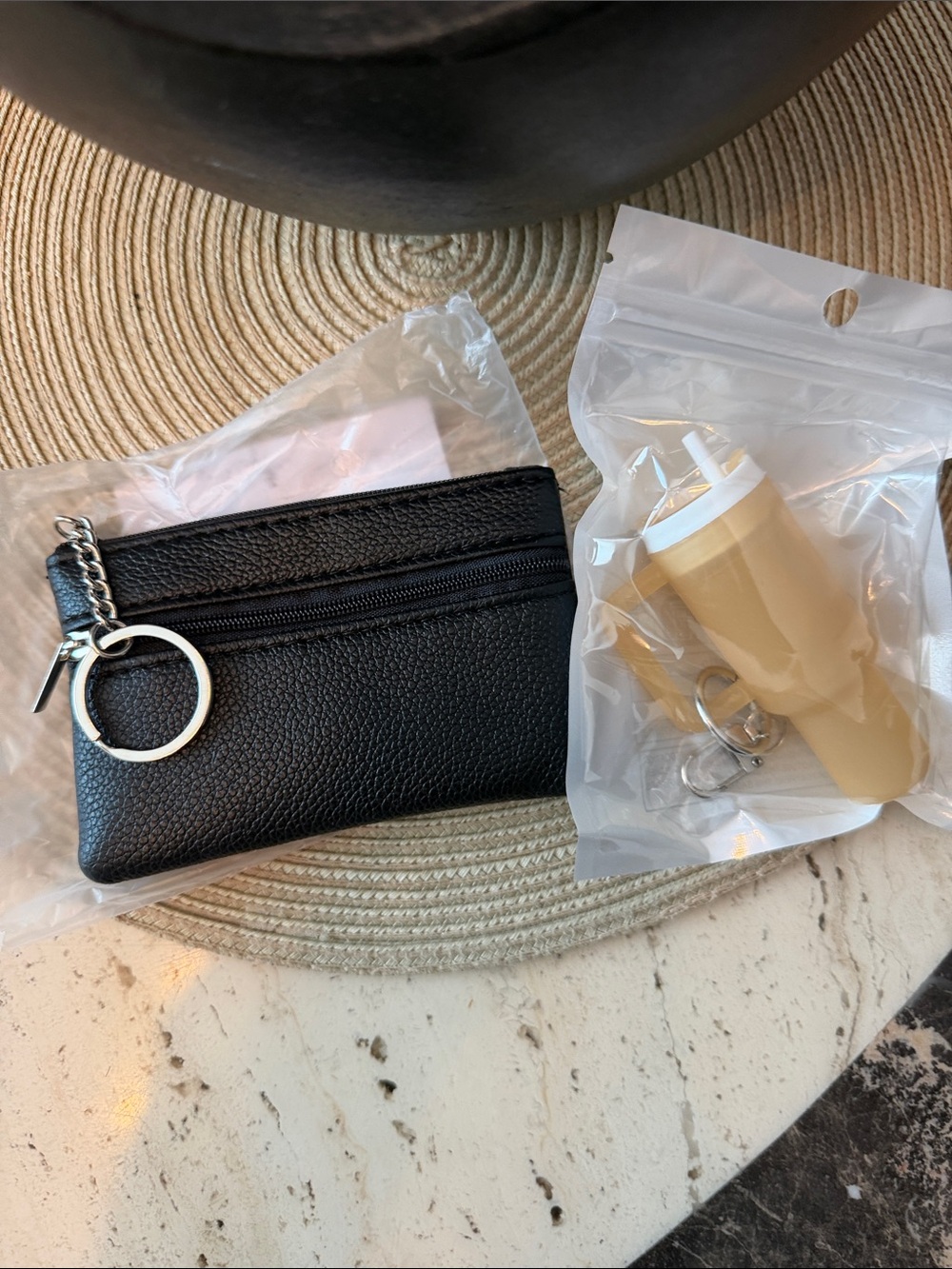 Black Faux Leather Key & Card Pouch with Silver Key Ring & Tumbler Bag Charm